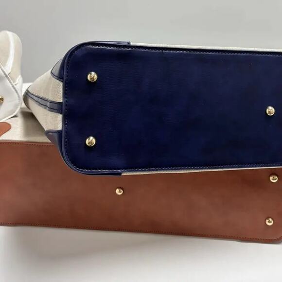 Carryall Tote Bag Beige and Navy Blue - Picture 5 of 5